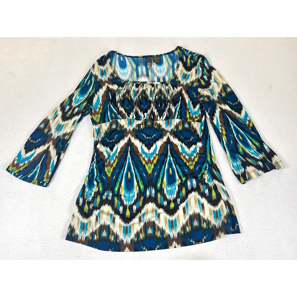 Serenade New York Ikat Blouse Womens Small Blue Boho Ruched 3/4 Sleeve Top